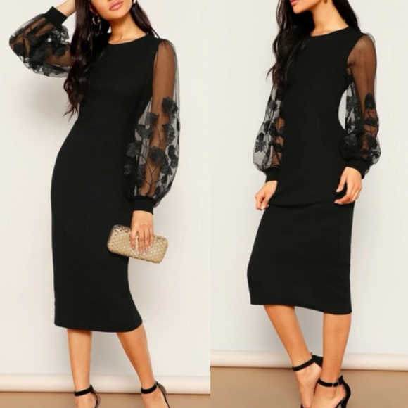 Dresses & Skirts - Boho black floral embroidered mesh sheer sleeve fitted midi dress